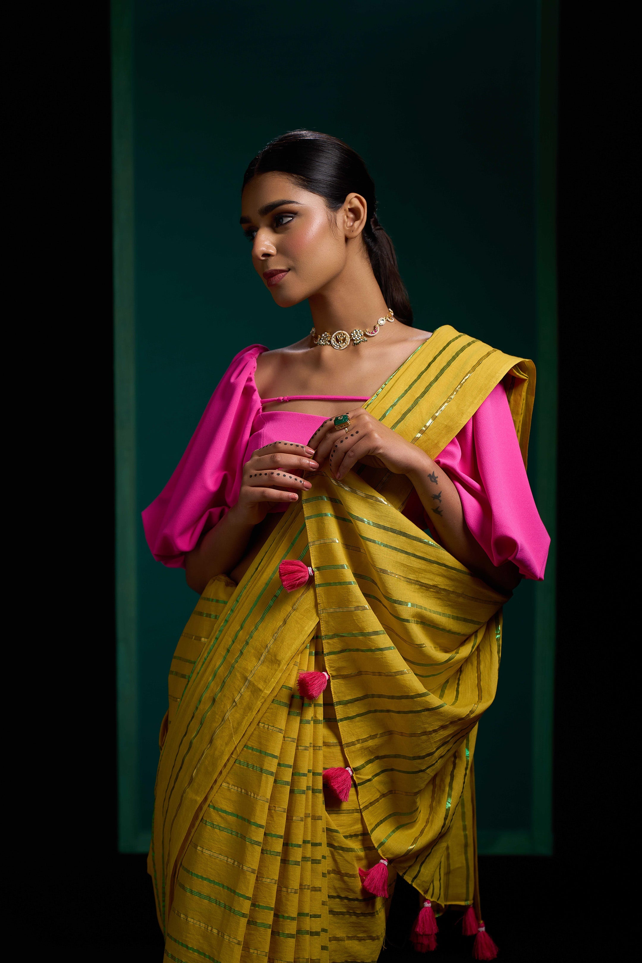 Lemon Yellow Paithani Silk Saree in Patched Border with Unique Latkan